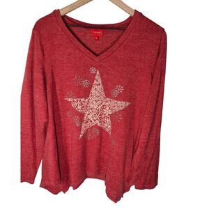 Joyland Christmas Holiday Top Red Long Sleeve Star Snowflake Large